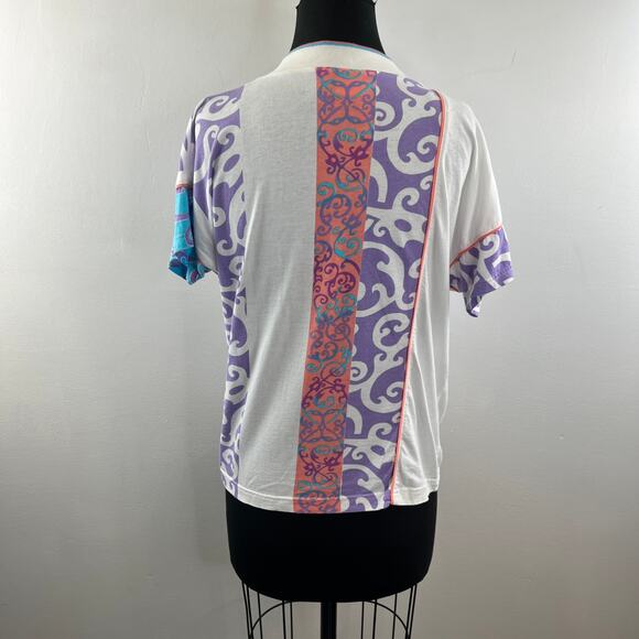 VINTAGE Le Coq Sportif White Blue Top Cotton Geometric Crew Pullover Sz Small S - Picture 7 of 9